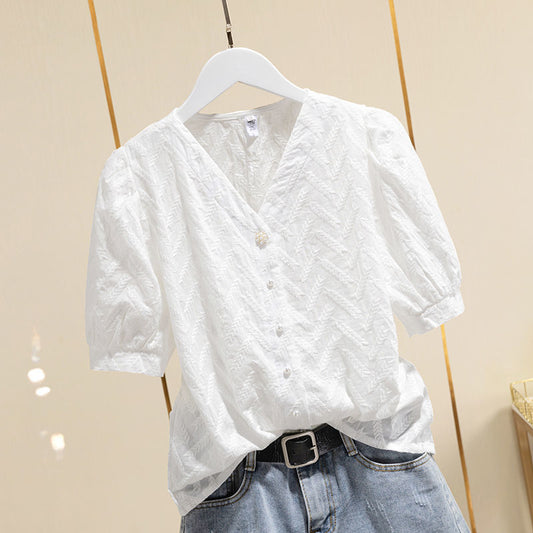 Cotton Embroidered Puff Sleeve Shirt Tops Women White Ladies Shirts