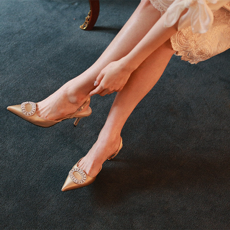 Elegant Rhinestone High Heels Women Pumps Silk Pointed Toe Red Bridal Wedding Shoes Buckle Strap Crystal Party Sandals