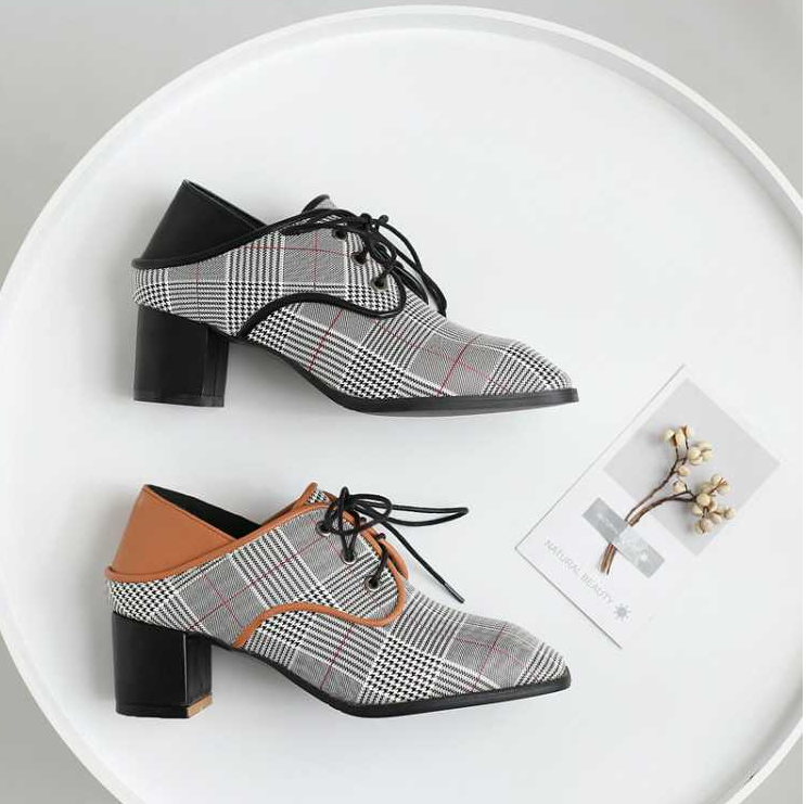 "Women's Spring New British Style Single Shoes with Thick Soles, Lace-up Cloth Design, and Casual Lazy Wear"