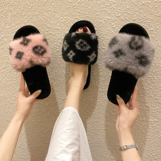 PVC word leopard wool slippers women