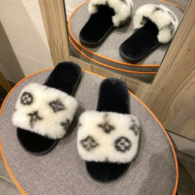 PVC word leopard wool slippers women