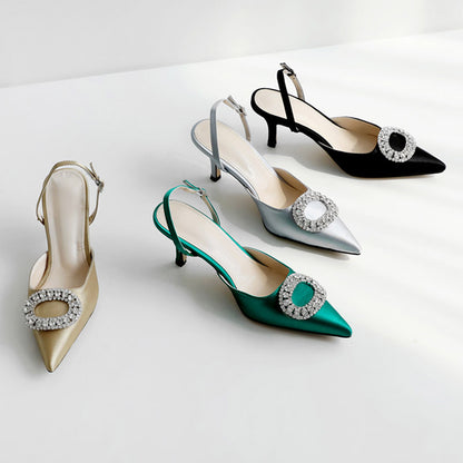 Elegant Rhinestone High Heels Women Pumps Silk Pointed Toe Red Bridal Wedding Shoes Buckle Strap Crystal Party Sandals