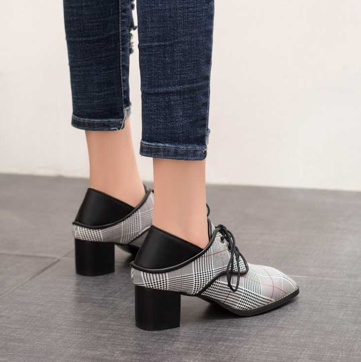 "Women's Spring New British Style Single Shoes with Thick Soles, Lace-up Cloth Design, and Casual Lazy Wear"