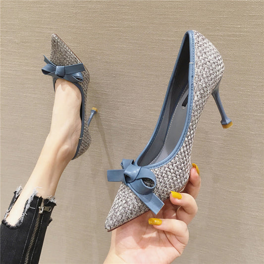 Pointed High Heel Stilettos with Leather Bow for Women