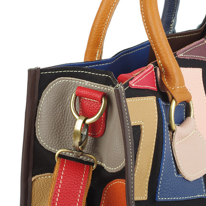 Color Contrast Geometric Pattern Stitching Crossbody Leather Handbag