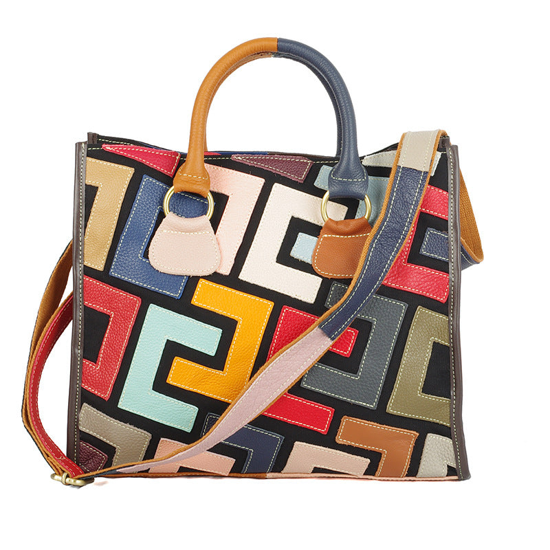 Color Contrast Geometric Pattern Stitching Crossbody Leather Handbag